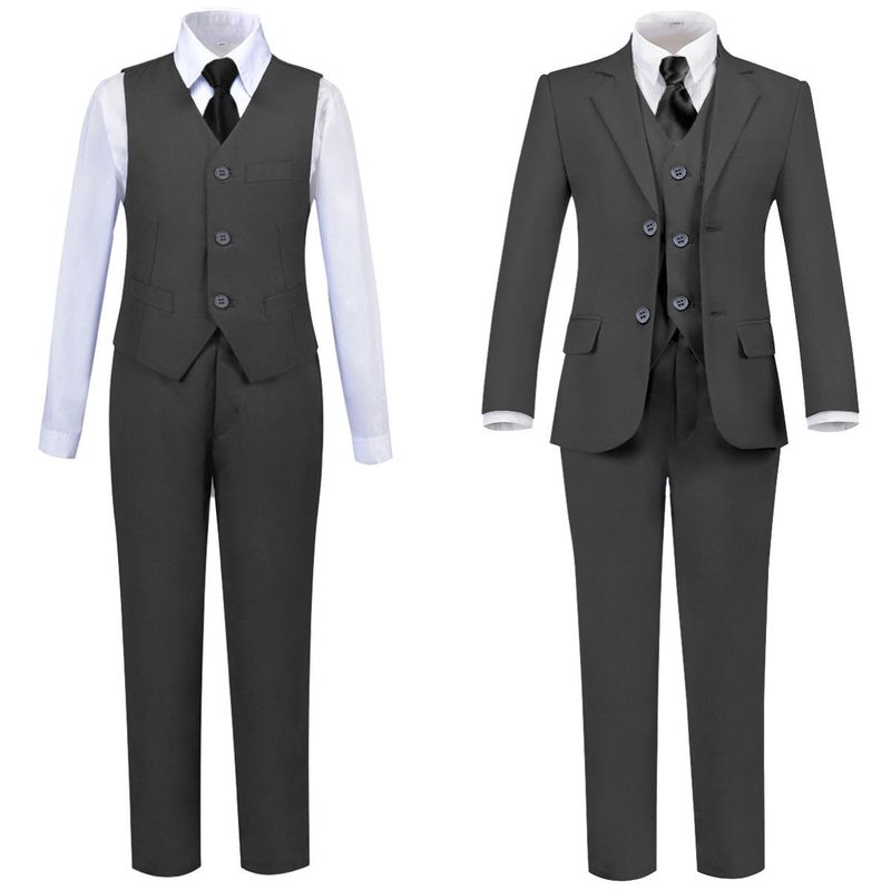 Addneo Boy's Silm Fit Formal Suits 5 Piece with Shirt and Vest, Dark Gray 5pc (Black Tie), 14 - Image 4